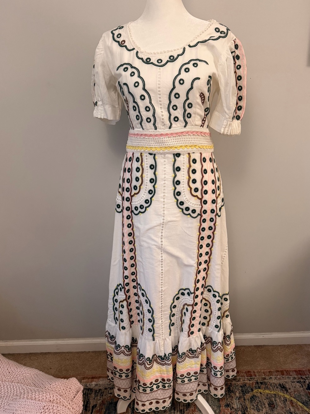 Boheme White Maxi Dress. Eyelet Embroidery and Blush/Yellow Trim - Picture 4 of 16